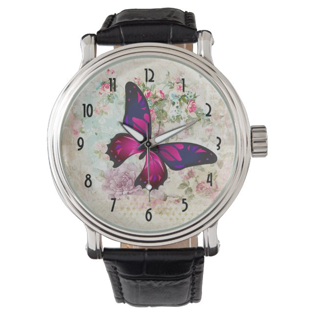 Roze vlinder en  Rozen Shabby Horloge (Voorkant)