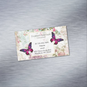 Roze vlinder en  Rozen Shabby Magnetisch Visitekaartje