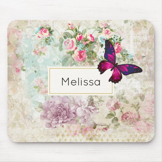 Roze vlinder en  Rozen Shabby Muismat (Voorkant)