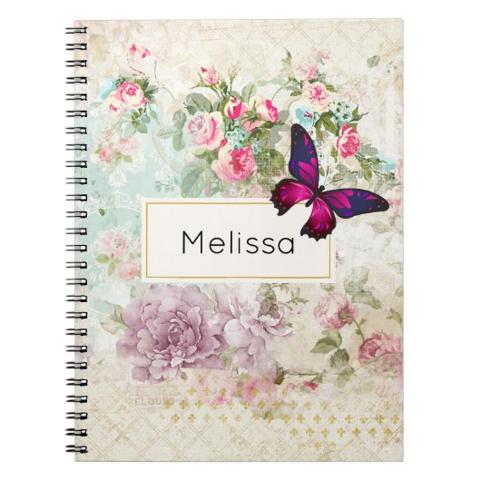 Roze vlinder en  Rozen Shabby Notitieboek (Voorkant)