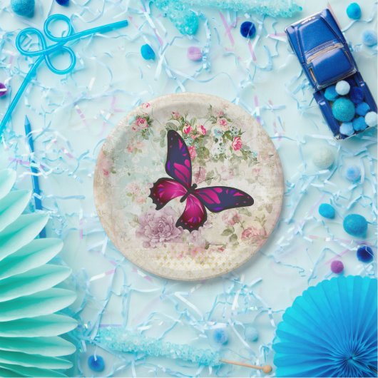Roze vlinder en Rozen Shabby Papieren Bordje (Feest)