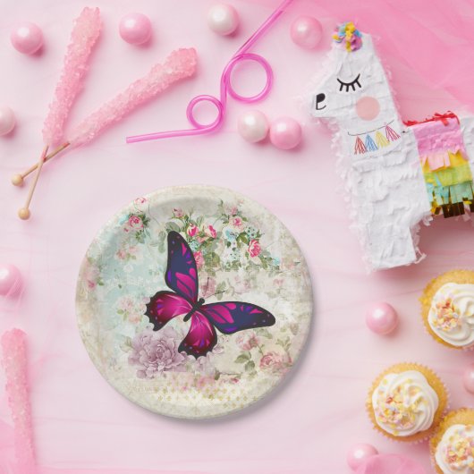 Roze vlinder en Rozen Shabby Papieren Bordje (Feest)