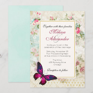 Roze Vlinder en Vintage Roos Collage Bruiloft Kaart