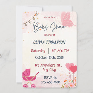 Roze Vlinder en Wandelwagen Meisje Baby Shower  Kaart