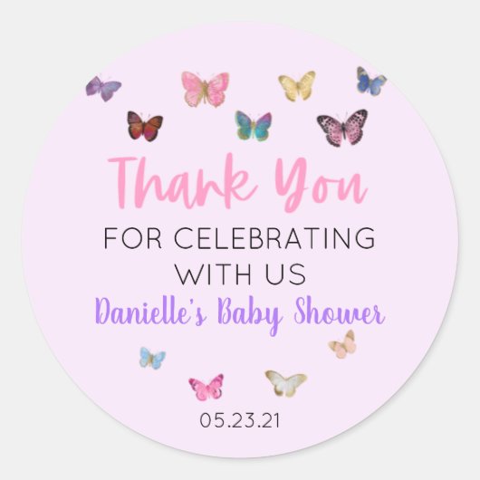 Roze vlinder Hartelijk dank voor uw Baby shower vo Ronde Sticker (Voorkant)