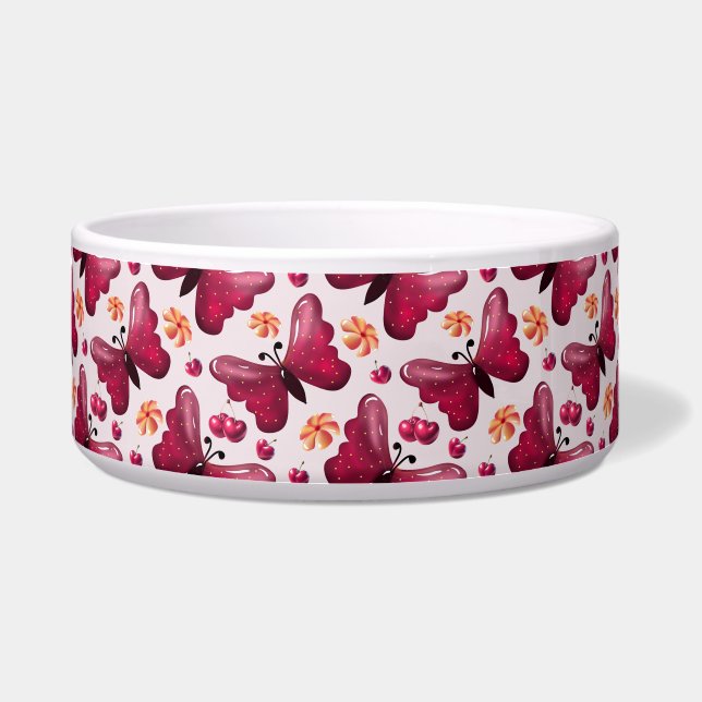 Roze Vlinder Kersen Naadloos Patroon Voerbakje (Voorkant)