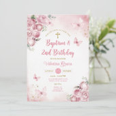 Roze Vlinder Meisje 2e Verjaardag Doop Bloemen Kaart (Staand voorkant)