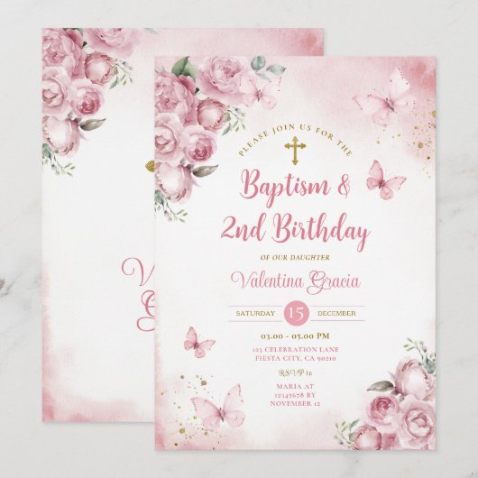 Roze Vlinder Meisje 2e Verjaardag Doop Bloemen Kaart (Voorkant / Achterkant)