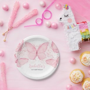 Roze vlinder-meisje, eerste verjaardag Bord papier
