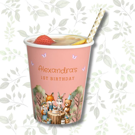 Roze Vlinder Meisje Woodland Dieren 1e verjaardag Papieren Bekers