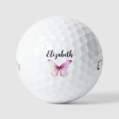 roze vlinder met aangepaste naam dames golfballen (Voorkant)