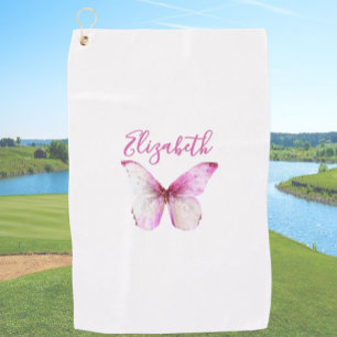 roze vlinder met aangepaste naam dames golfhanddoek