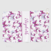 roze vlinder met aangepaste naam dames golfhanddoek (Horizontaal)