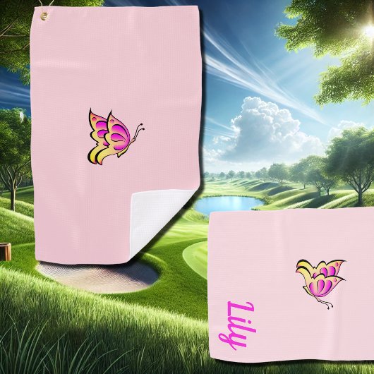 roze vlinder - naam toevoegen golfhanddoek