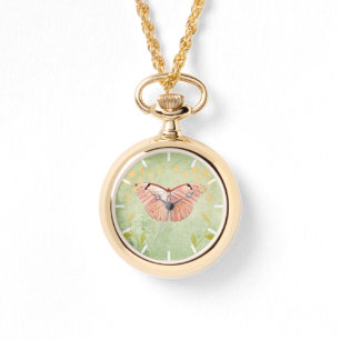Roze vlinder op groene Floral Achtergrond Horloge