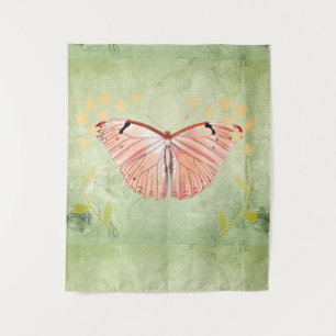 Roze vlinder op groene Floral Achtergrond Wandkleed