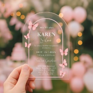 Roze Vlinder Quinceanera Acryl Uitnodiging Uitnodigingen