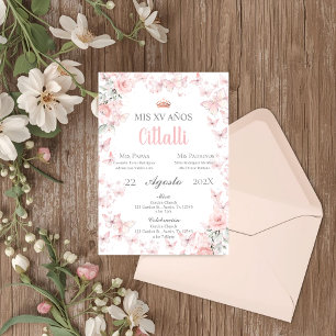 Roze Vlinder Quinceañera Spaanse Uitnodiging
