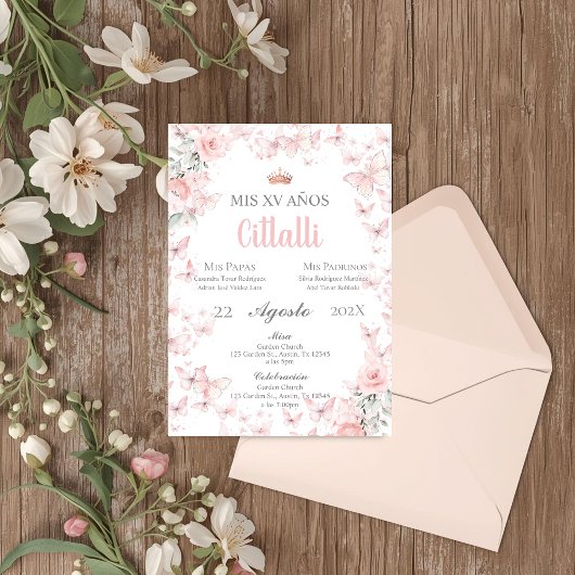 Roze Vlinder Quinceañera Spaanse Uitnodiging