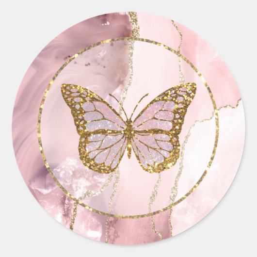 roze vlinder ronde sticker (Voorkant)
