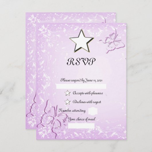 Roze vlinder RSVP kaartje (Voorkant / Achterkant)