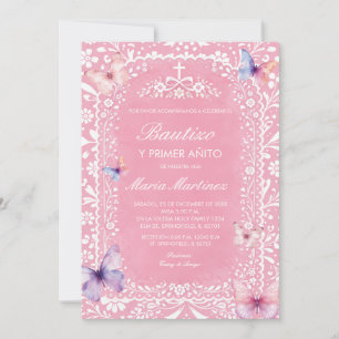 Roze Vlinder Spaans Meisje Bautizo Y Primer Anito Kaart
