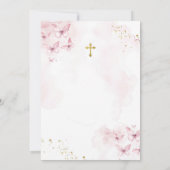 Roze Vlinders Gouden Kruis Eerste Heilige Communie Kaart (Achterkant)