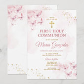 Roze Vlinders Gouden Kruis Eerste Heilige Communie Kaart (Voorkant / Achterkant)