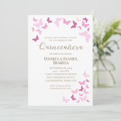 Roze Vlinders Quinceañera Gouden Letters Kaart (Staand voorkant)