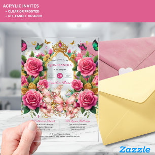 Roze Vlinders QUINCEANERA Tiara Floral Rozen Acryl Uitnodigingen