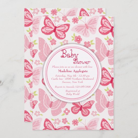 Roze Vlinders Uitnodiging (Voorkant / Achterkant)