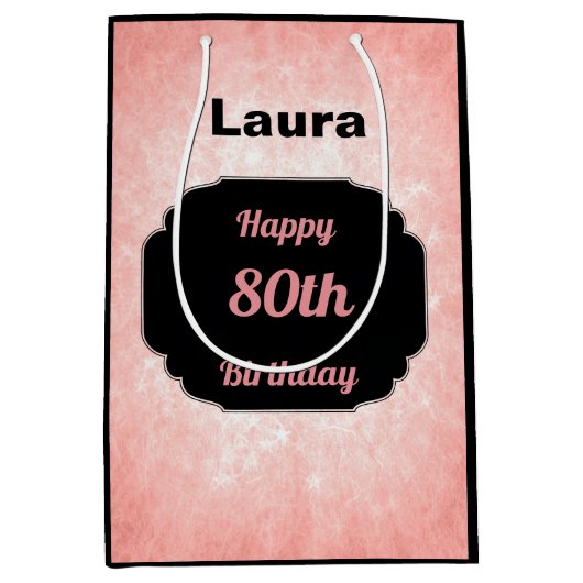  roze Voeg de naam 80e verjaardag toe Medium Cadeauzakje (Voorkant)