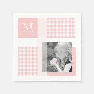 Roze Voeg uw foto toe Gingham Modern Monogram Servet