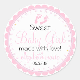 Roze Voetafdrukken Baby shower Scallopped Gast Fav Ronde Sticker