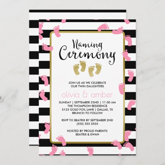 Roze Voetafdrukken Zwart & Goud Tweeling Naming Ce Kaart (Voorkant / Achterkant)