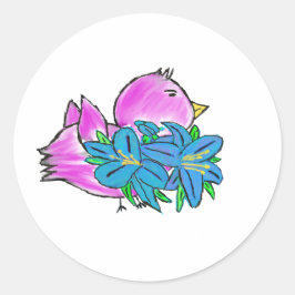 Roze Vogel Blauwe Bloemen Ronde Sticker