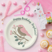 Roze vogel en bessen Aangepaste verjaardag Papieren Bordje (Feest)