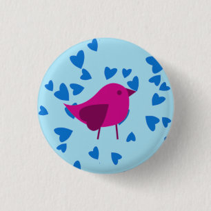 Roze vogel met blauwe harten ronde button 3,2 cm