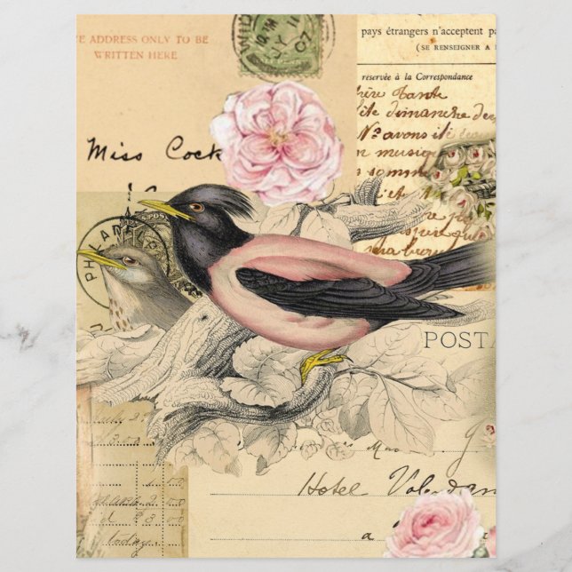 Roze Vogel, Script  Collage Scrapbook Papier (Voorkant)