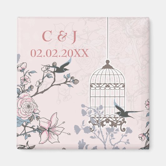 roze vogelkooi , liefdesvogels , bespaar de datum magneet (Voorkant)