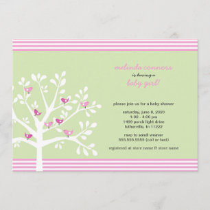 Roze vogels op witte baby shower nodigen kaart