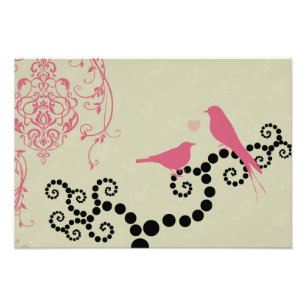 Roze vogels, vogels op bomen, Stippen, harten, lie Foto Afdruk