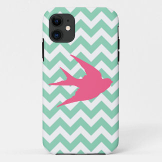 Roze vogelsilhouet op Chevron Stripes iPhone 11 Hoesje
