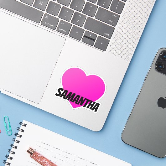 Roze voornaam hart met zwarte Sticker (Laptop met iPhone)