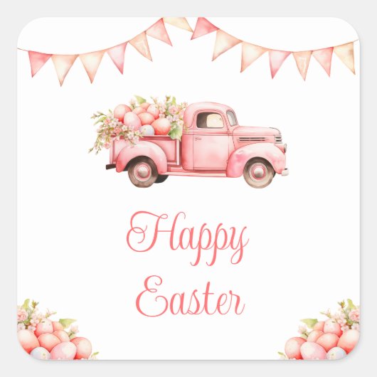 Roze Vrachtwagen Easter Egg Hunt Vierkante Sticker (Voorkant)