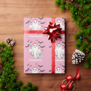 Roze Vriendelijk Meisje Spook Met Vliegboten Cadeaupapier