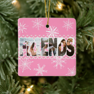 Roze Vrienden Foto Sneeuwvlokken Gepersonaliseerd Keramisch Ornament