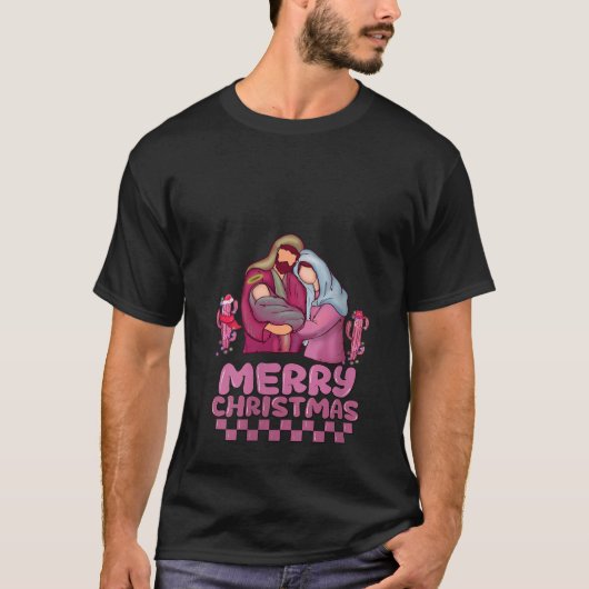  Roze Vrolijk Kerstmis Retro Christelijk Nativ T-shirt (Voorkant)