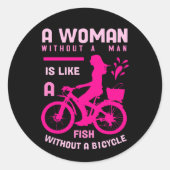 Roze Vrouw Zonder man Als Vis Fietsfeministe Ronde Sticker (Voorkant)