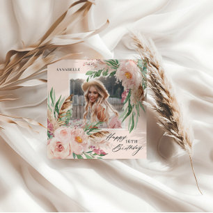 Roze vrouwelijke moderne elegante boho bloemenfoto kaart